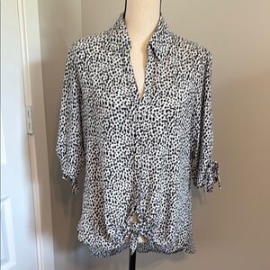 Express Black and White Button Down Shirt with Notched Collar and Tie Front​